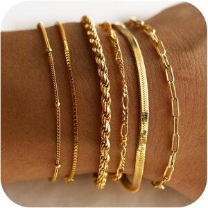 14K Gold Women Bracelets Set Waterproof Dainty Cuban Link Paperclip Chain Elegan